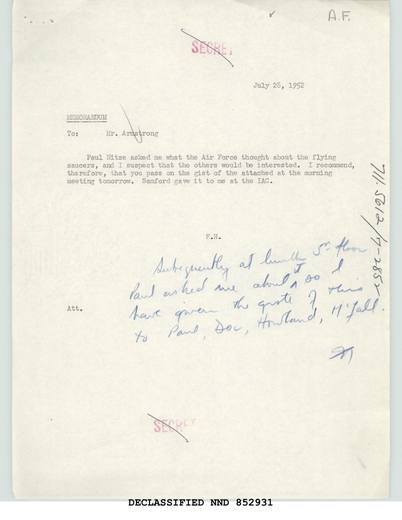 Memo reports that General Samford said UFO reports have risen due — first page of the declassified document